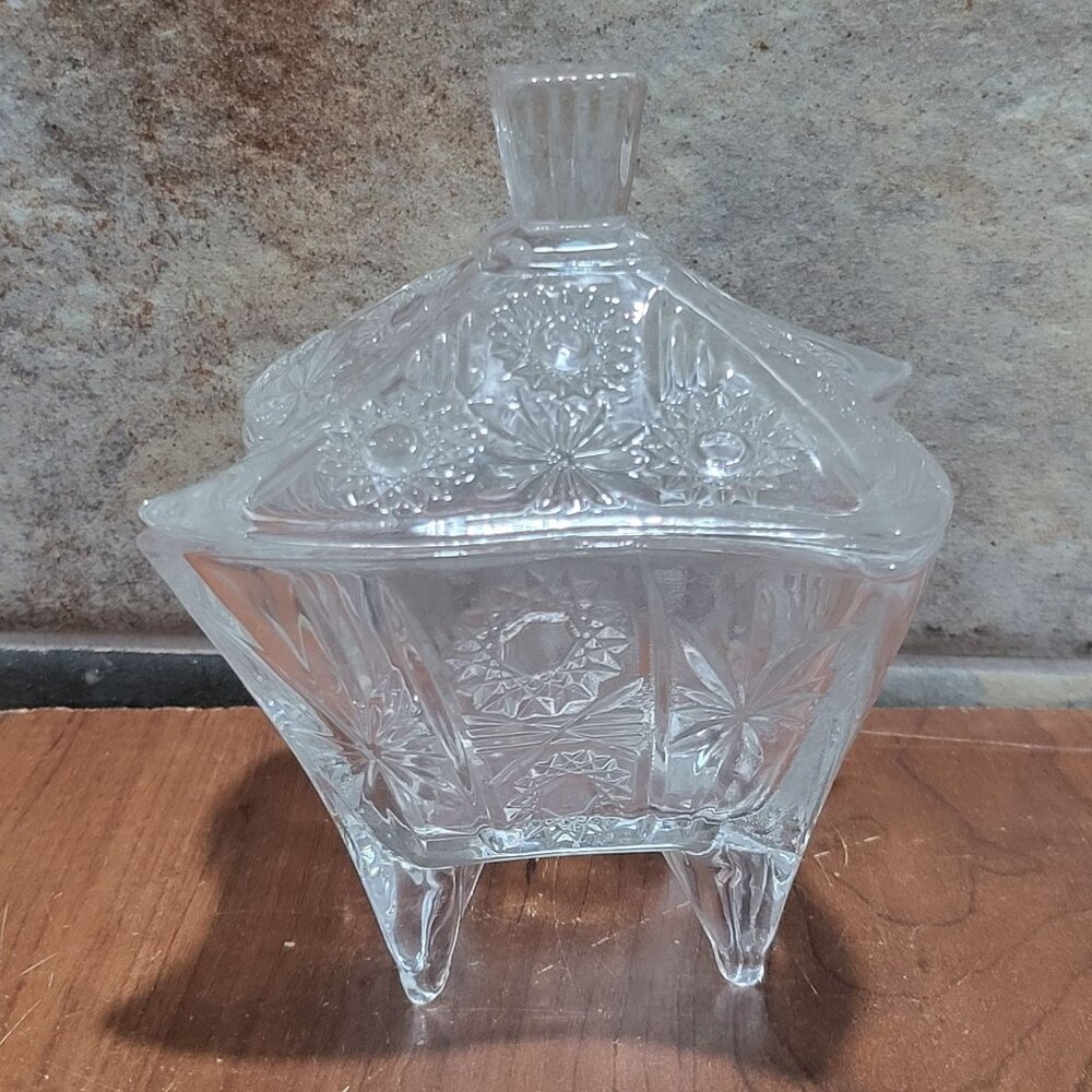 Vintage Swirl Square Cut Glass Lidded Footed Candy Jar Trinket Dish